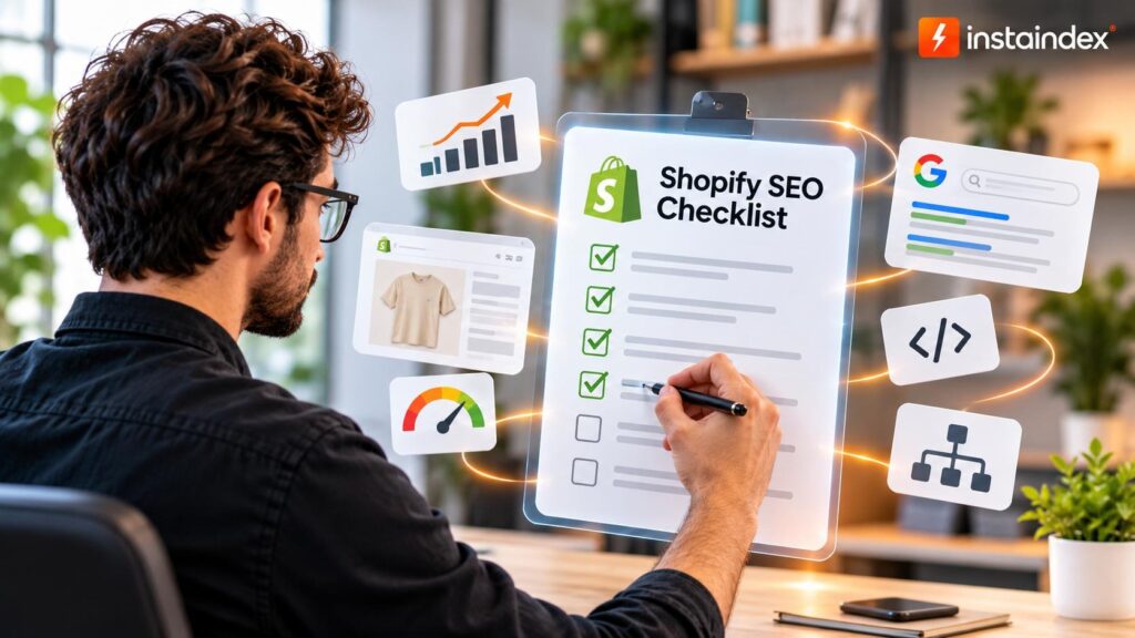Shopify SEO checklist illustration showing a merchant reviewing completed SEO checks, search visibility, and website performance.