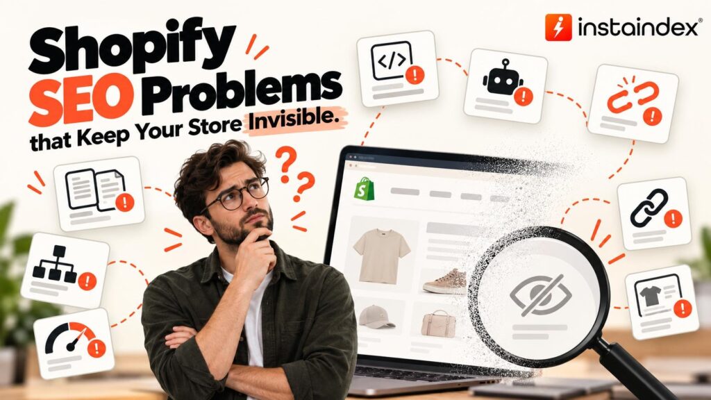 Illustration of Shopify SEO problems, showing an online store with broken links, technical errors, and reduced search visibility.