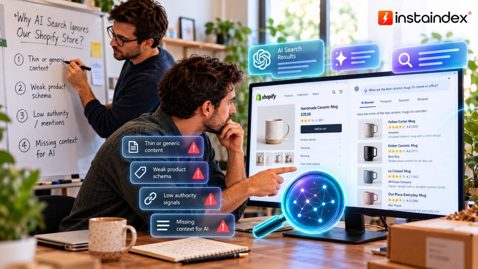 Shopify merchant is looking at the screen and trying to find out why AI is ignoring his store
